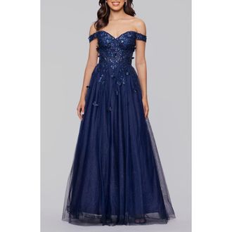 Blondie Nites Off the Shoulder Sequin 3D Embellished Tulle Gown in Navy at Nordstrom, Size 13
