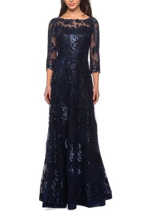 La Femme Long Lace Dress with Sequins and Sheer 3/4 Sleeves in Navy at Nordstrom, Size 14