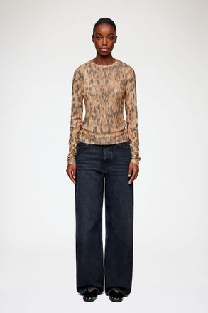Ganni Long-sleeve Top in Printed Marl Mesh - Size 32 Burro