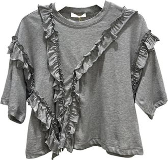 Ulla Johnson Womens Sydney Short Sleeve Ruffle Tee Top In Slate Melange