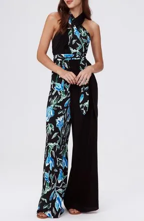 Diane Von F&uuml;rstenberg Cort Mixed Print Halter Jumpsuit in Tulip Fields Blue Lg/blk at Nordstrom Rack, Size Xx-Small