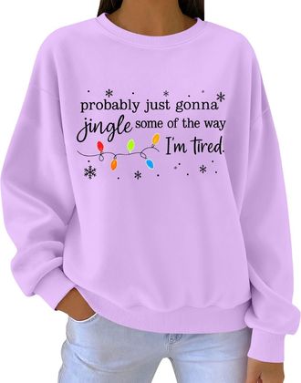 Generic Christmas Sweatshirt For Women Probably Just Gonna Jingle Some Of The Way Graphic Long Sleeve Crewneck Shirt Winged Sweater (Light Violet, L)