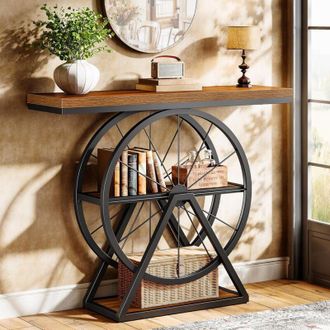 Tribesigns Tribesigns 39.4 Console Table, Industrial 3-Tier Sofa Table Entryway Table with Fixed Wheel Base, Narrow Wood Accent Tables with Storage Shelves for