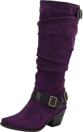 Generic Womens Knee High Boots Square Toe High Block Heel Slip On Design With Decorative Belt Buckle For Daily Wear