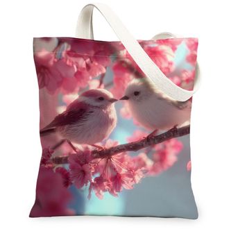 Generic Spring Floral Canvas Tote Bags, Cute Birds Blossom Pattern Reusable Grocery Bags, Lightweight Washable Shoulder Strap, Peach, 13x15 Inch