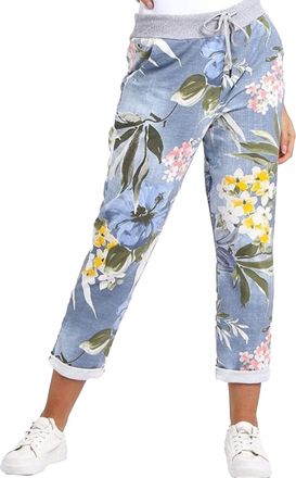 Generic MMK Manchester Womens Italian Multi Printed Floral Turn Up Trouser - Ladies Elasticated Waistband Causal Summer Drawstring Pant with Side Pockets Gym 