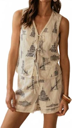 Skies Are Blue Clothing Printed Tie Front Linen Vest With Trim In Ivory-Navy