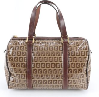Fendi Beige Brown Leather Coated Canvas Boston Bag Handbag Tote Bag (Pre-Owned)