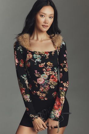Maeve Faux Fur Shoulder Long-Sleeve Top