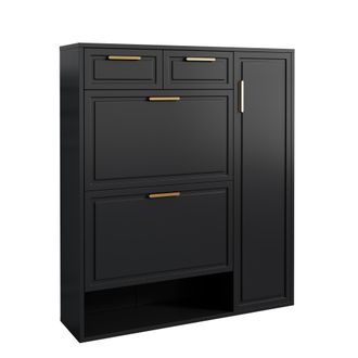 STILVORA Zapatero Con 2 Cajones, 2 Puertas, Estantes Ajustables Y Huecos Abiertos Para Entrada En Tablero, 95&times;24&times;107 Cm, Negro