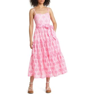 Lilly Pulitzer Edith Embroidered Eyelet Cotton Fit & Flare Dress in Soleil Pink Funflower Eyelet at Nordstrom, Size 4