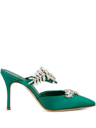 Manolo Blahnik 90mm crystal-embellished satin mules - Green