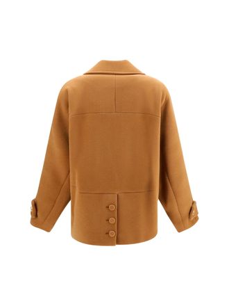 Chlo&eacute; Womens Double-Breasted Herringbone Wool Short Coat Dusty Camel Merino Ovis Aries