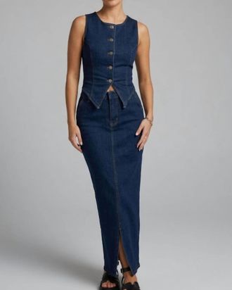 Le Lis Blanc Deux High Waist Long Denim Skirt In Blue