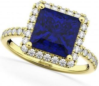 Allurez Princess Cut Halo Blue Sapphire & Diamond Engagement Ring 14K Yellow Gold 3.47ct