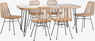 Sklum Set De Mesa Rectangular En Mimbre Sint&eacute;tico (180x90 Cm) Leribert Y 6 Sillas De Jard&iacute;n En Rat&aacute;n Sint&eacute;tico Gouda Natural Sklum