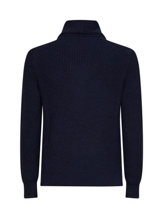 Brunello Cucinelli Mens Cardigan Shawl-Collar Navy Blue Cotton Cardigans Sweater