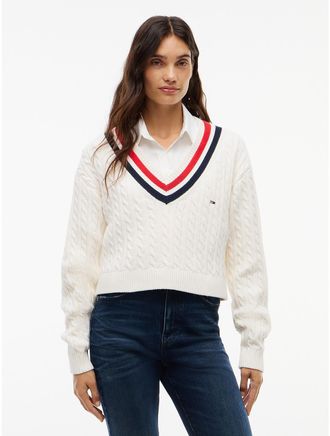 Tommy Hilfiger Womens Tommy Jeans Cable Knit Cricket Sweater - Off White - XXS
