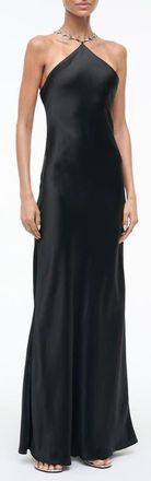Staud Cadence Shark Tooth Strap Satin Maxi Dress in Black at Nordstrom, Size 14