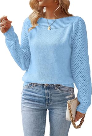 Generic Womens Sweaters Puff Sleeve Knitted Pullover Jumper Tops Casual Crewneck Cable Knit Lightweight Oversized Crochet Sweater Sky Blue