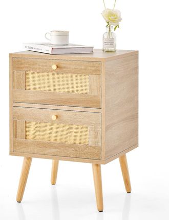 Costway Costway Mesita De Noche De Rat&aacute;n, Mesillas De Noche Dormitorio Con 2 Cajones, Mesita De Noche Con Patas De Madera Maciza, 40 X 40 X 59 Cm, Natural