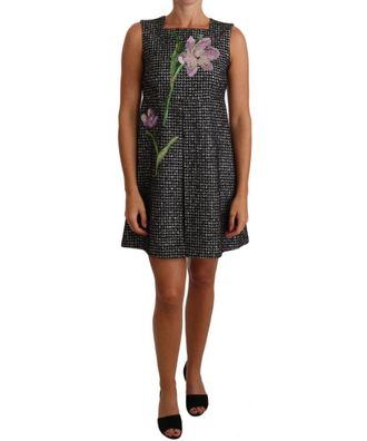 Dolce & Gabbana Womens Gray Houndstooth Floral Appliqu&eacute; Shift Mini Dress - Multicolour Virgin Wool - Size Small