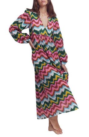 Boden Boho Print Tie Neck Cotton Kaftan Midi Dress in Multi, Zig Zag Wave at Nordstrom, Size 10