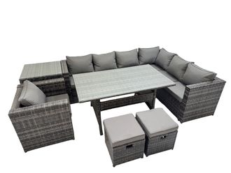 Fimous 9 Seater Patio Dining Corner Sofa Sets with Chair 2 Small Stools in Dark Grey