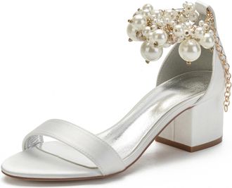 Generic Wedding Shoes Bridal Peep Toe Block Heel Bridal Shoes Low Heels Pearl Heels Wedding Party Dress High Heels Sandals 5.5Cm,Ivory,10 UK