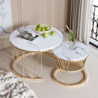OEM Mesa Baja Redonda Nido - M&aacute;rmol Blanco Y Metal Dorado - Dise&ntilde;o Moderno - 2 Niveles De Almacenamiento - Patas Ajustables