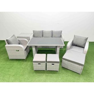 Fimous Outdoor Rattan Garden Furniture Dining Set 8-seater Patio Rectangular Table 3 Seater Sofa Reclining Chair Set with Side Table 3 Stools - Fimous