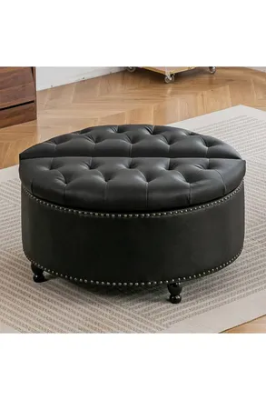Living and Home Round PU Leather Upholstered Storage Ottoman in Black