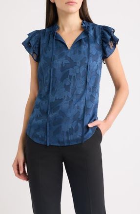 Anne Klein Ruffled Sleeve Tie Neck Top in Blue Carbon at Nordstrom, Size Xx-Small