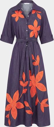 Love Birds Savana Floral Applique Denim Midi Shirtdress