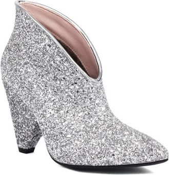 Generic Womens Sequins Sparkly V-Cut Ankle Boots Cone Heel Pointed Toe Slip On Wide Calf Wedding Party Dress Shoes (7.5,Silver)