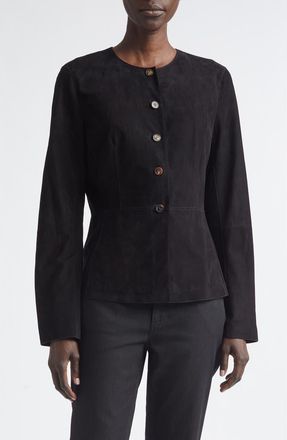Lafayette 148 New York Fitted Collarless Suede Jacket in Black at Nordstrom, Size 6