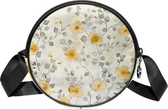 Generic Circle Crossbody Bag for Women, Floral Leaves Small Sling Bag Daypack with Zipper Adjustable Shoulder Straps Casual Ladies Girls Round Purse