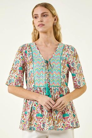 Roman Floral Print Tassel Neck Top