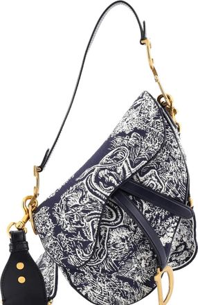 Dior Borsa a spalla Saddle media in tela con ricamo - Blu