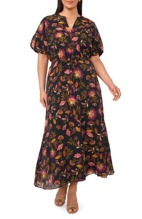 Vince Camuto Print Tie Waist Puff Sleeve Maxi Dress in Rich Black at Nordstrom, Size 2 X