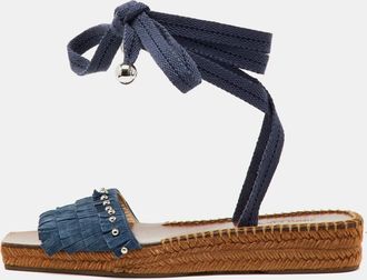 Jimmy Choo London Blue Fringe Suede Denim Aisha Espadrille Ankle Wrap Sandals