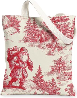 Generic Christmas Vintage Santa Canvas Tote Bags, Festive Holiday Scene Reusable Grocery Bags, Lightweight Washable Shoulder Strap, Red, 13x15 Inch