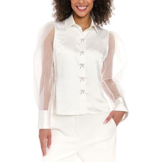 Muse Rhinestone Bow Organza Sleeve Satin Shirt in Ivy/White at Nordstrom Rack, Size 10