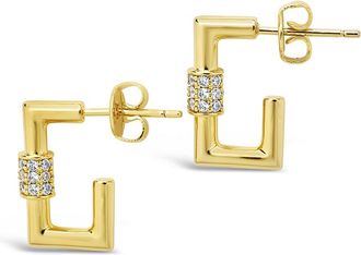 Sterling Forever Square CZ Carabiner Clip Huggie Hoops