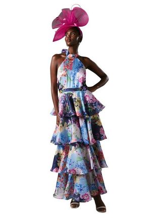 Coast Cross Neck Printed Frill Skirt Dress in Navy at Nordstrom, Size 8