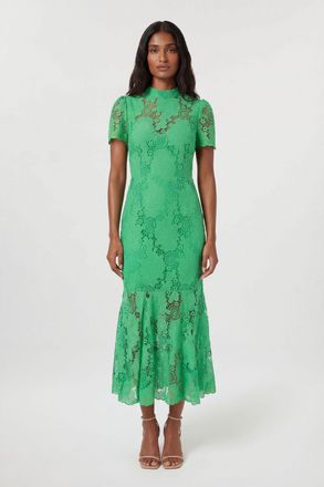 Karen Millen Womens Lace High Neck Woven Midi Dress - Light Green - Size 16 UK