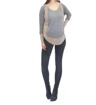 Papillon Long Sleeve Knit Top With Suede Panels In Grey
