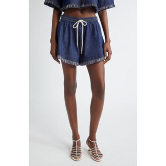 Zimmermann Rhiannon Drawstring Waist Fringe Hem Denim Shorts in Atlantic at Nordstrom, Size 0