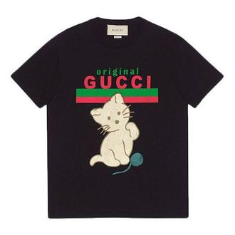 Gucci (WMNS) Gucci Cat Alphabet Cartoon Round Neck Pullover Short Sleeve Black 615044-XJCRG-1082