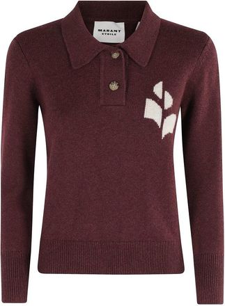 Isabel Marant Burgundy Cotton-Wool Blend Sweater With Classic Collar And Logo